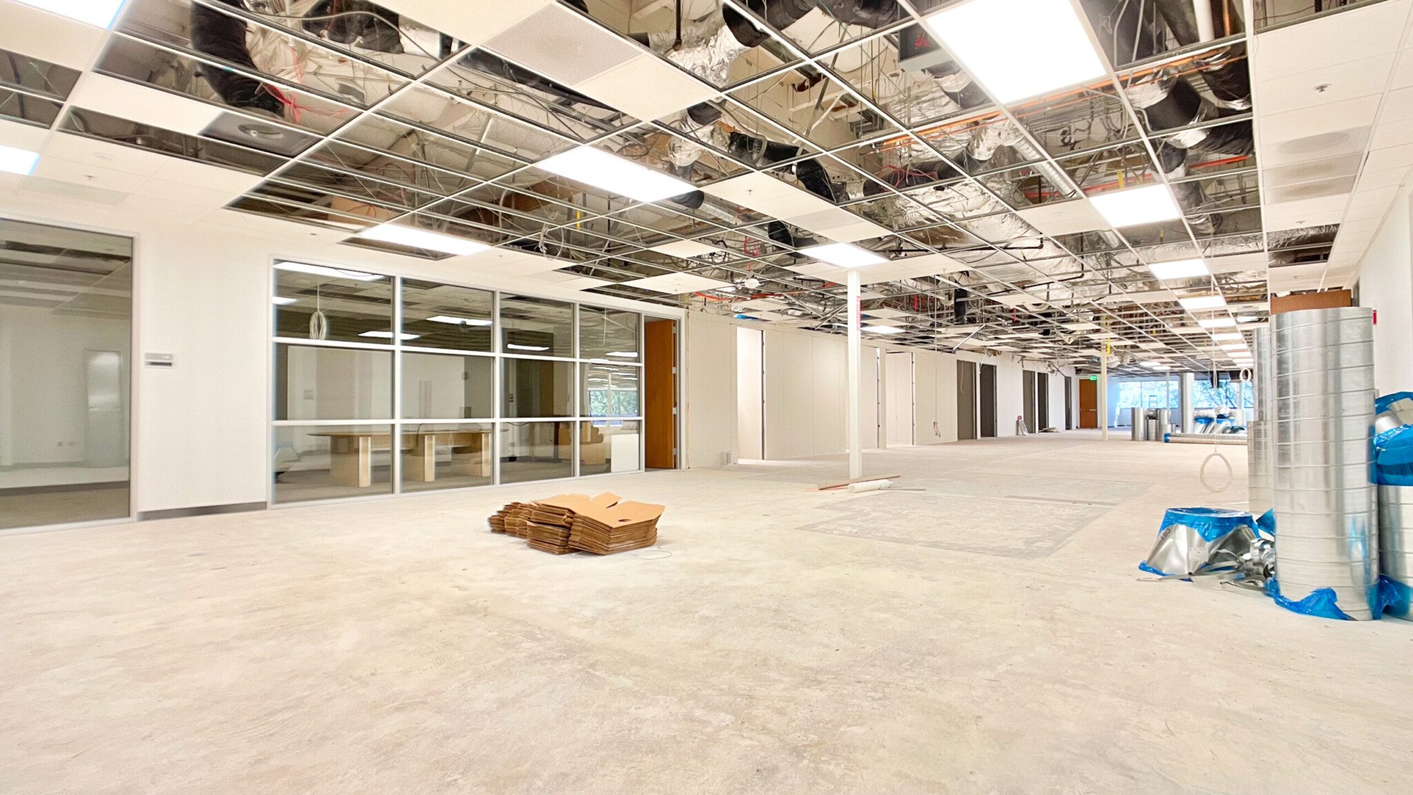 Indoor office space during early construction phases